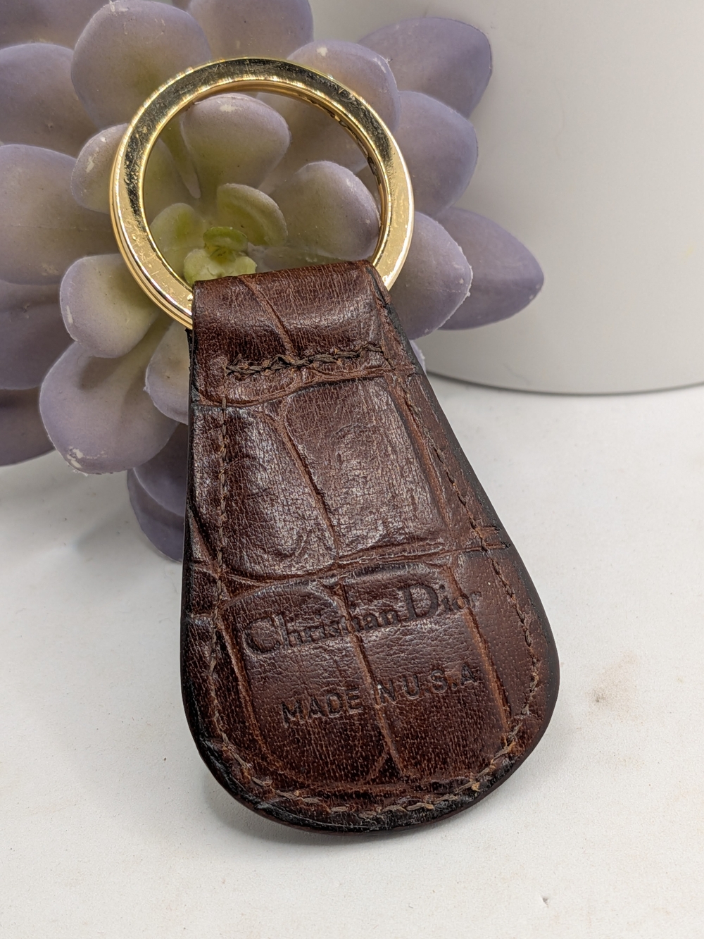 Dior Vintage Brown Croc-Embossed Leather Key Ring